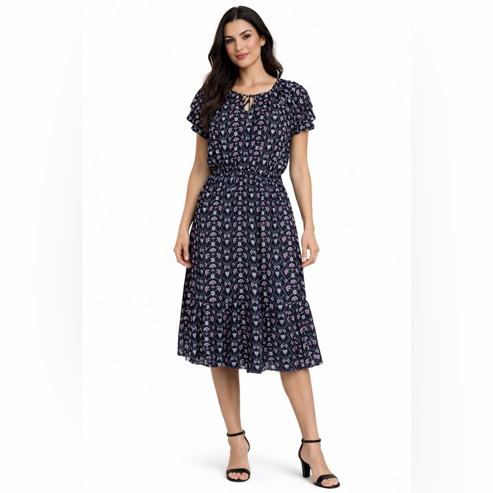 Destination 365 Navy Floral Midi Dress Elastic Waist